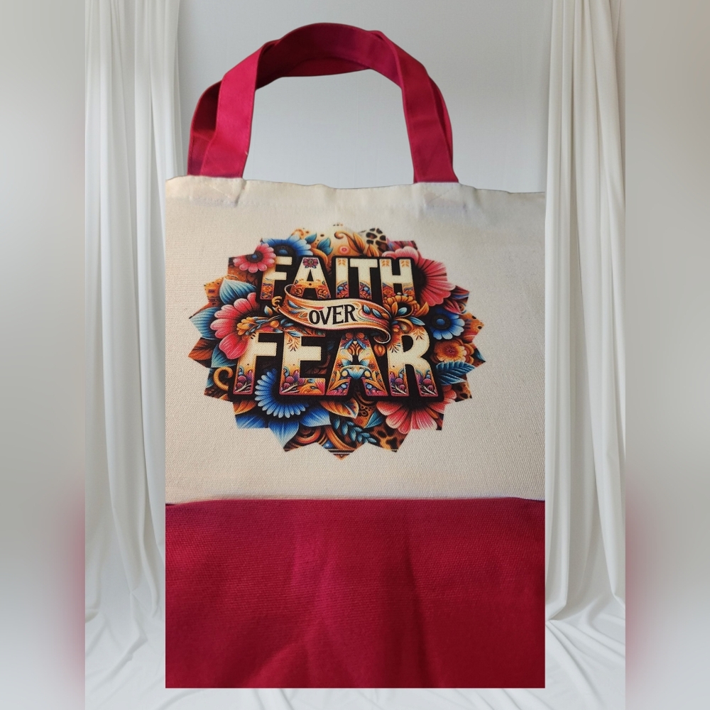 "Faith Over Fear" Canvas Tote Bag - Pink and Cream.  Hand Crafted. NEW - Picture 3 of 4